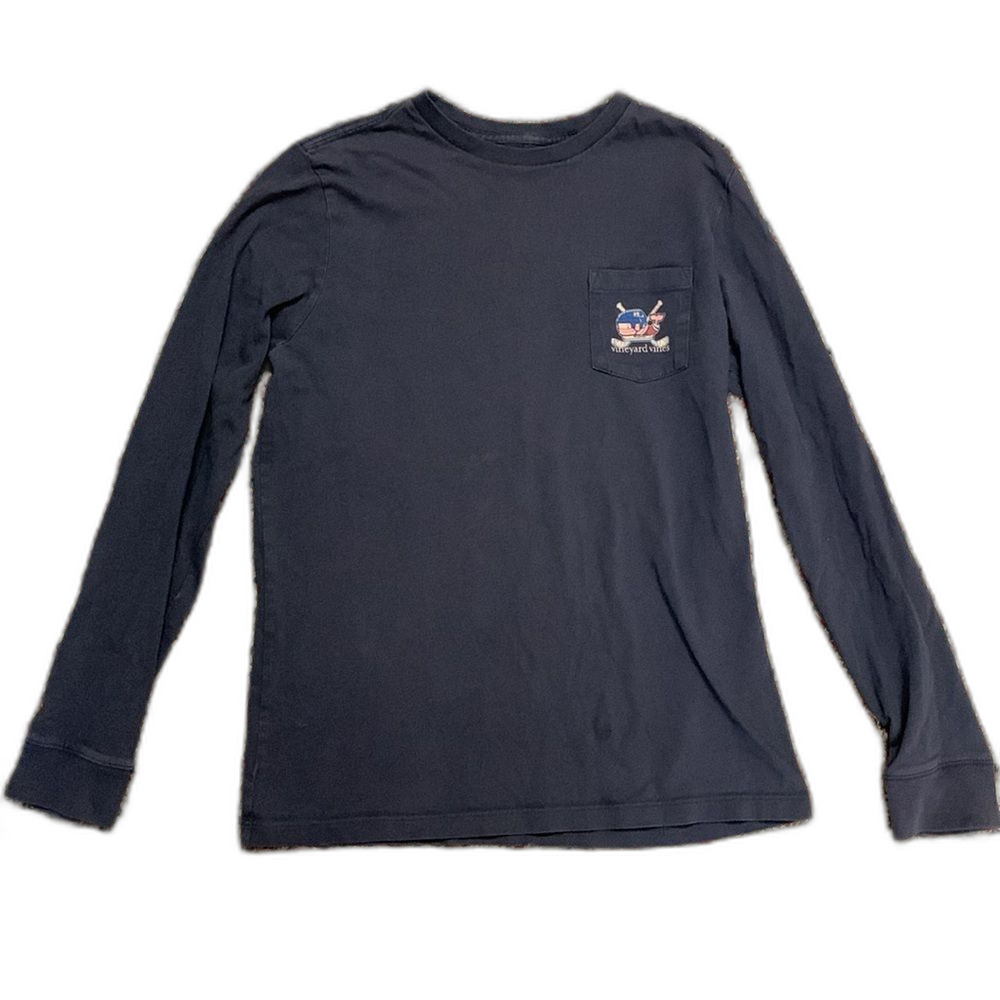 Vineyard Vines Youth Navy Whale Hockey Sticks LS Pocket T-Shirt Youth Sz M 12-14